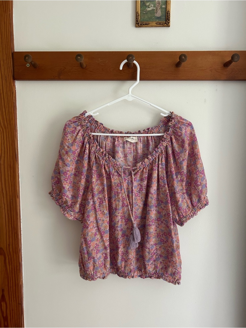 Lucky Brand Lavender-Pink Floral Puff Sleeve Peasant Top